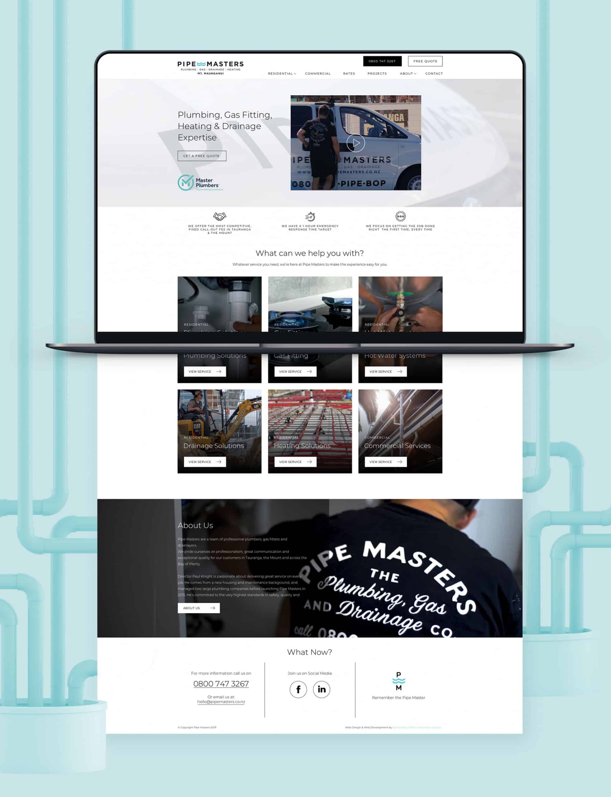 Full-length view of the website designed and built for Pipe Masters.