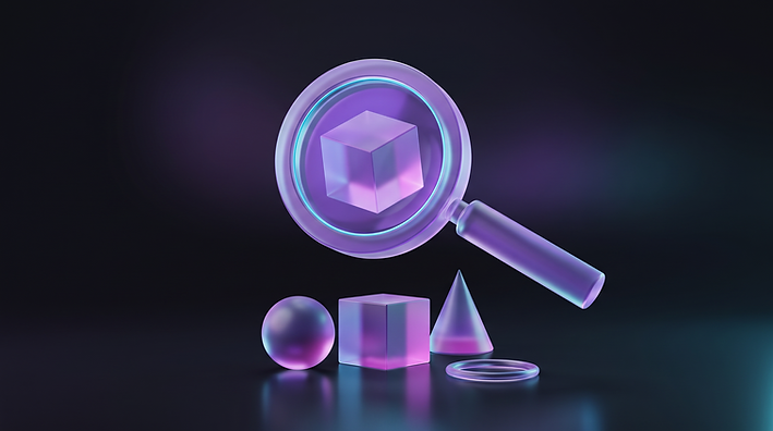 Sculptural glass magnifying glass examining a sphere, cube, cone and ring on a dark reflective surface