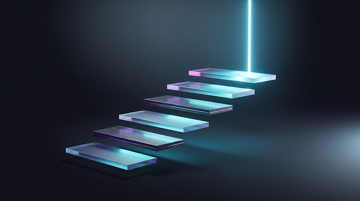 Six illuminated platforms ascending toward a bright vertical light column