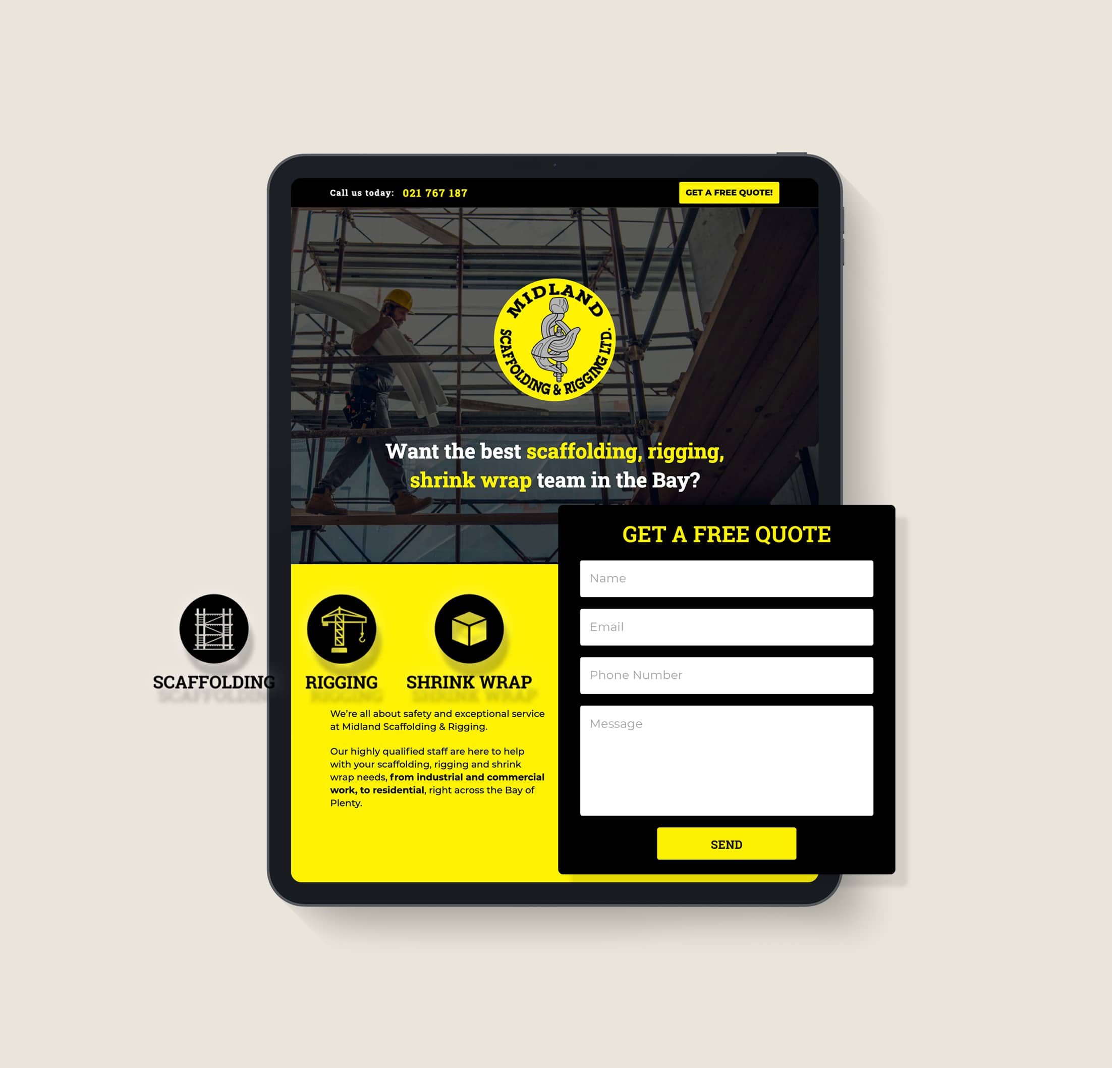The landing page created for the Midland Scaffolding & Rigging paid search campaign.