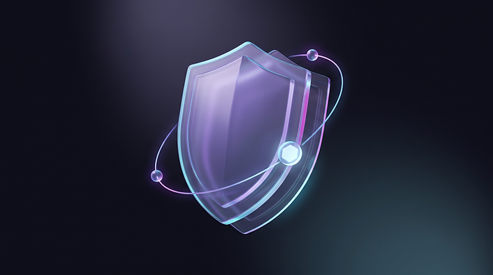 A faceted translucent glass shield at the centre of glowing orbital rings, suggesting layered protection