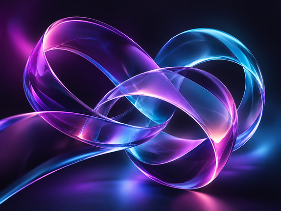 Abstract illustration of a translucent magenta, violet and cyan ribbon looping through itself like a knot of glass