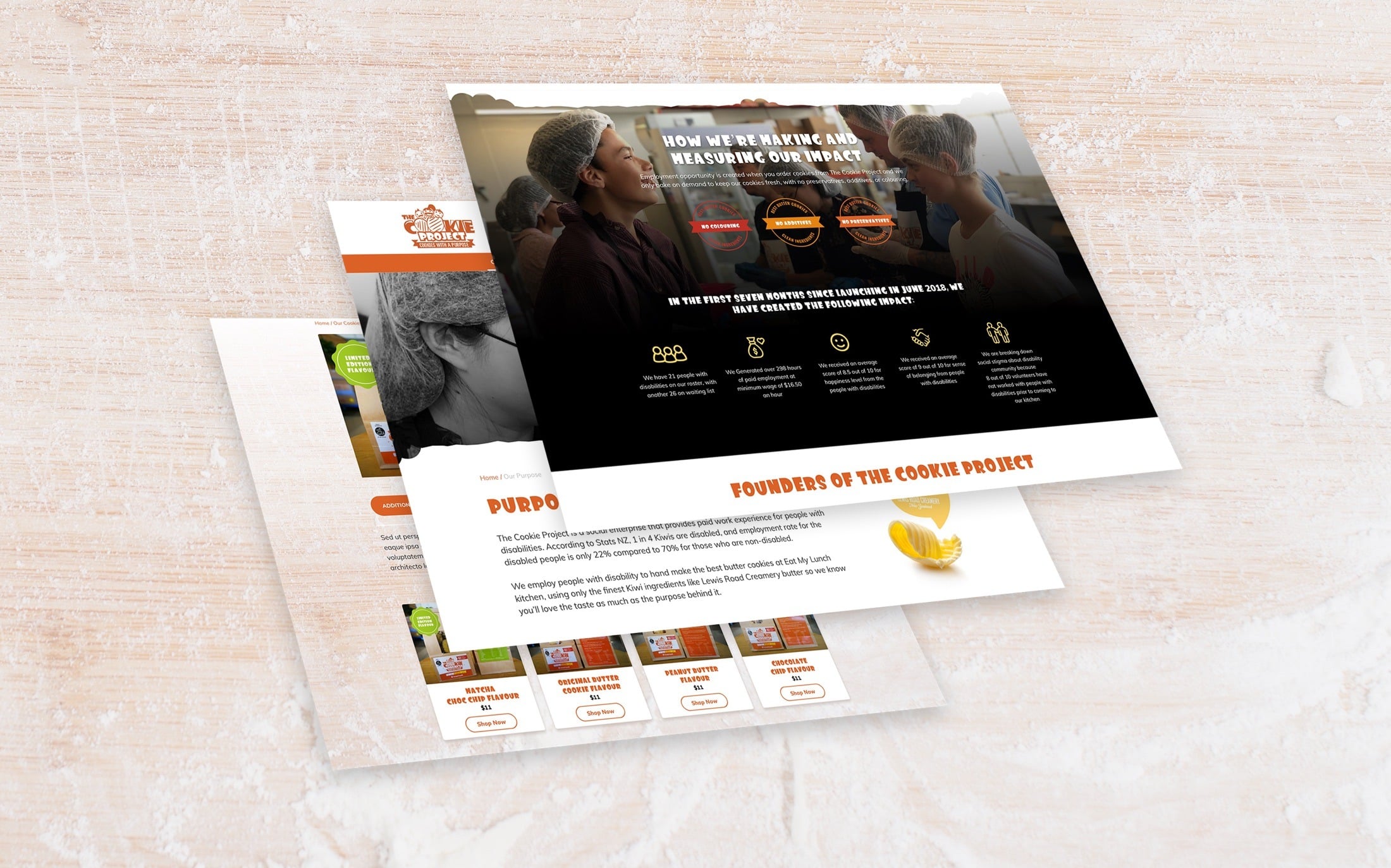 Screens from The Cookie Project online store showing the ordering flow.