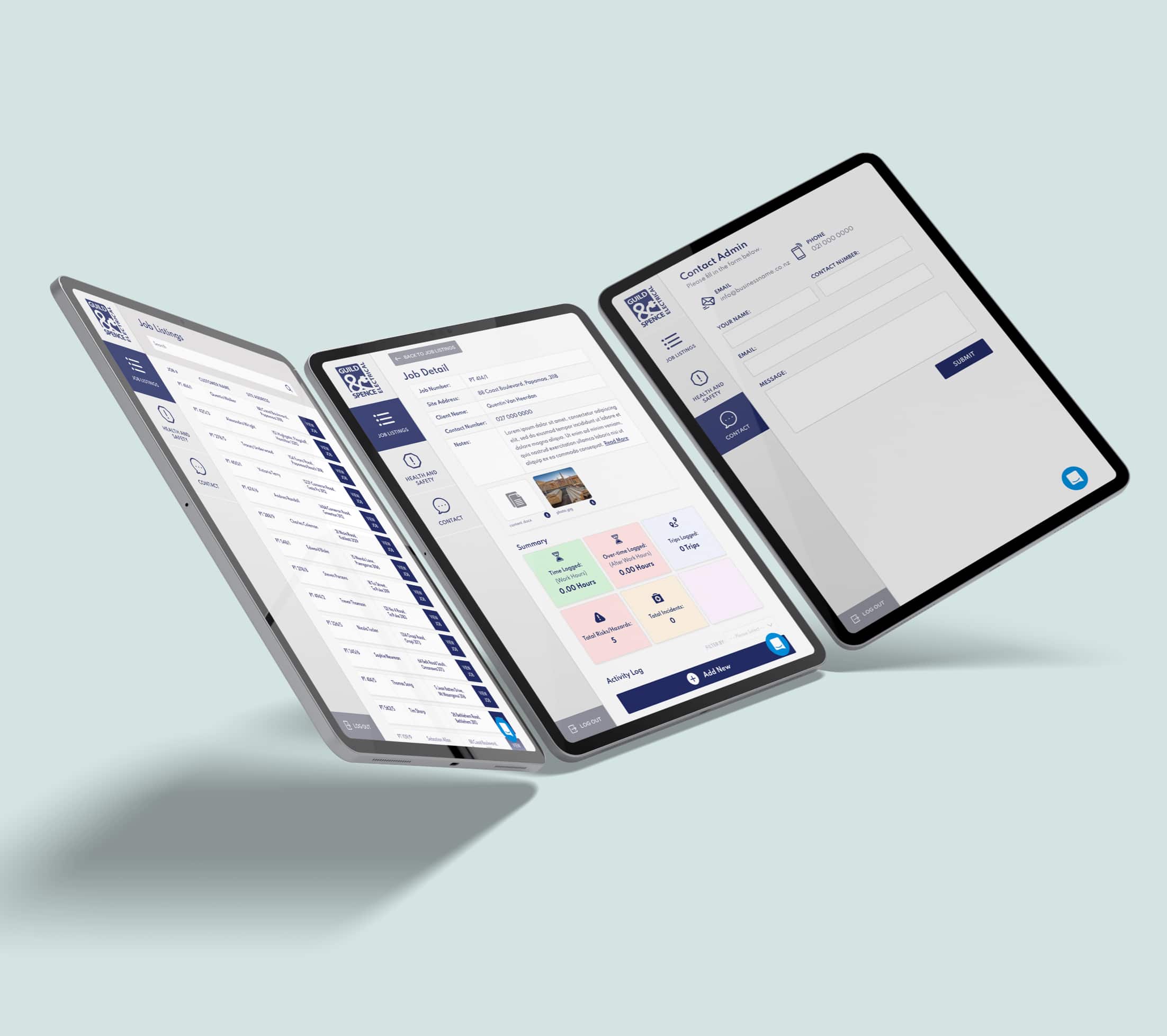 Screens from the custom job management system built for Guild & Spence Electrical.