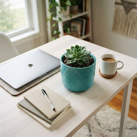 Work from home desk with a teal planter holding a small desk plant
