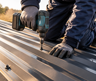 Gloved roofer carefully fastening a metal roofing sheet