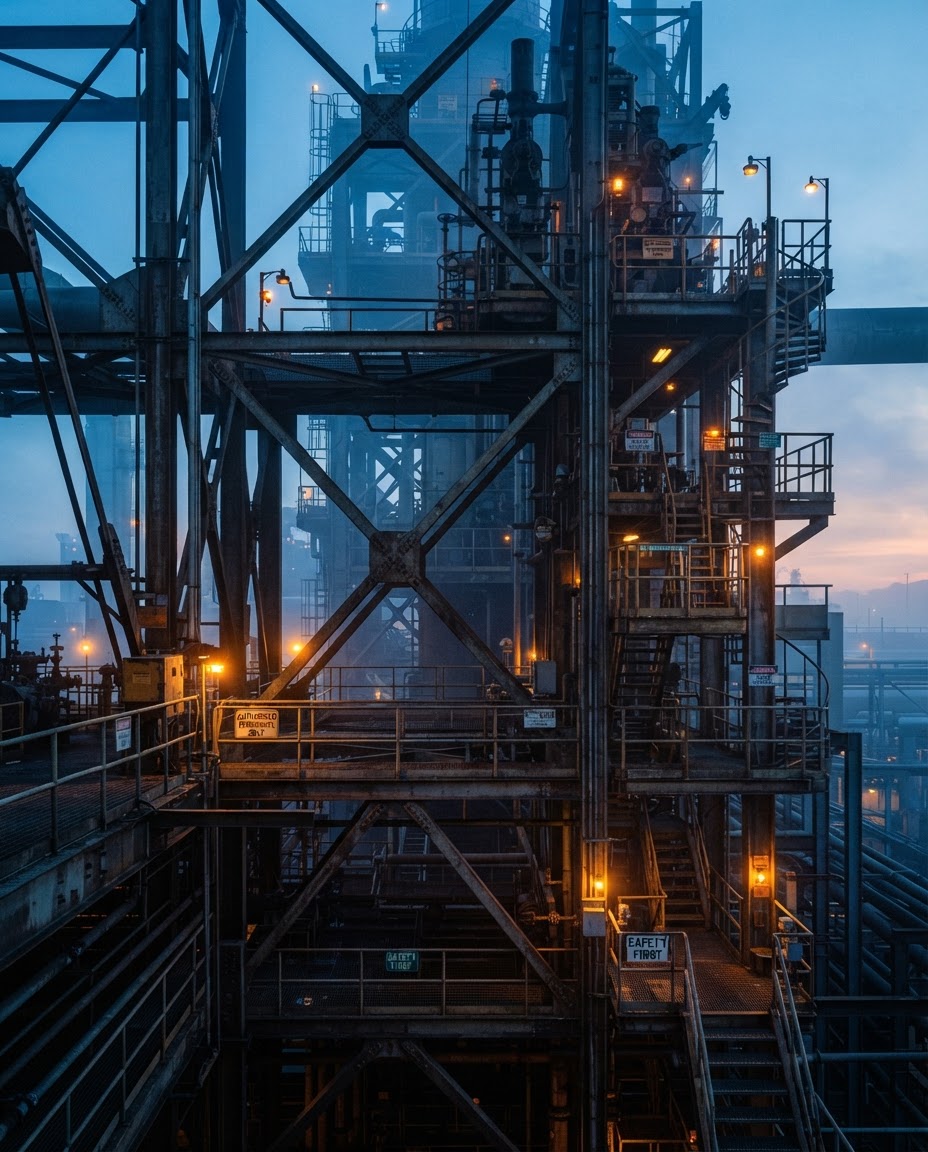 Estrutura industrial ao amanhecer com sinalização de segurança