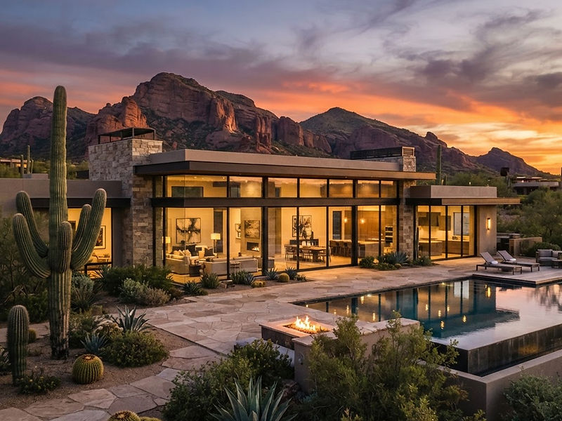 A luxury modern desert home in Arizona at dusk, protected and serene