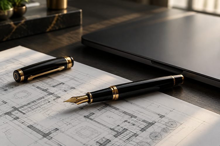 A fountain pen resting on architectural blueprints