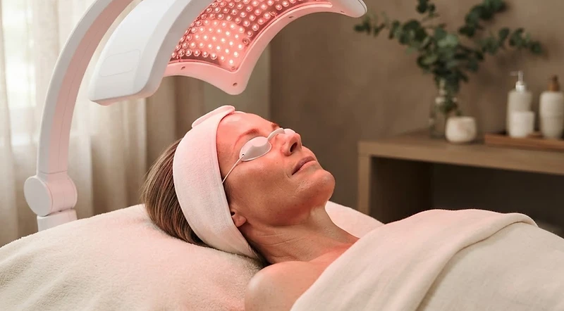 Editorial depiction of LED light therapy during an OR Elysian facial