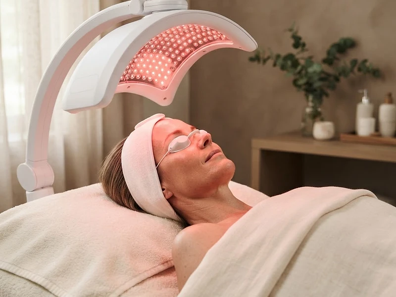 Editorial depiction of LED light therapy during an OR Elysian facial