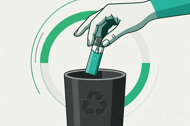 Illustration of a used vape being placed into a recycling bin