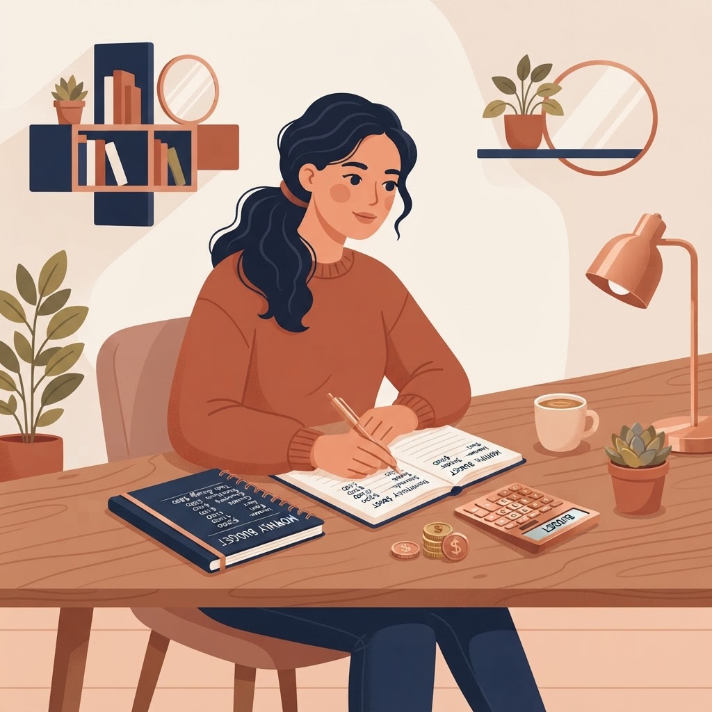 Illustration of a woman planning a monthly budget with notebook, calculator and coins