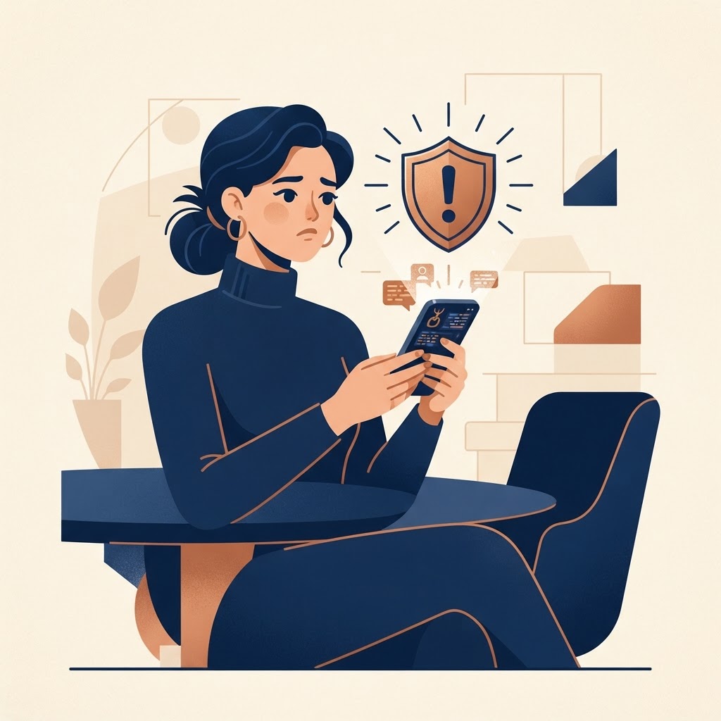 Illustration of a woman reviewing her spending on her phone with a shield symbol