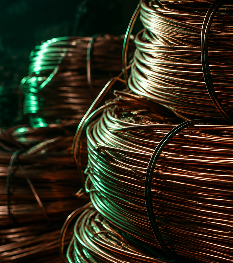 Coiled copper wire and stacked metal scrap in an industrial recycling yard