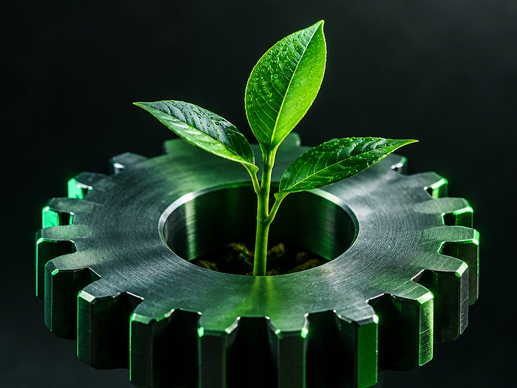 A green sprout growing through a precision-cut steel gear