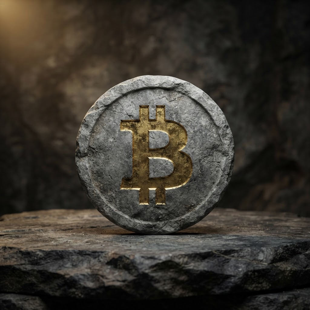 Bitcoin coin carved in stone
