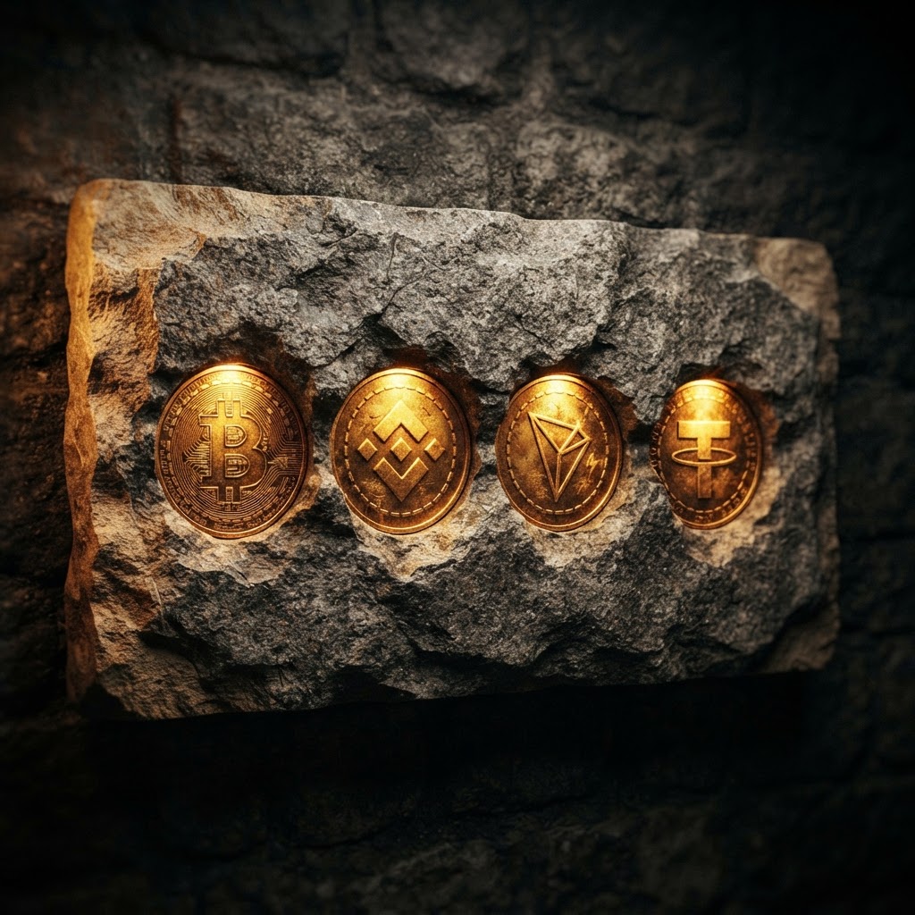 Crypto coins carved in stone
