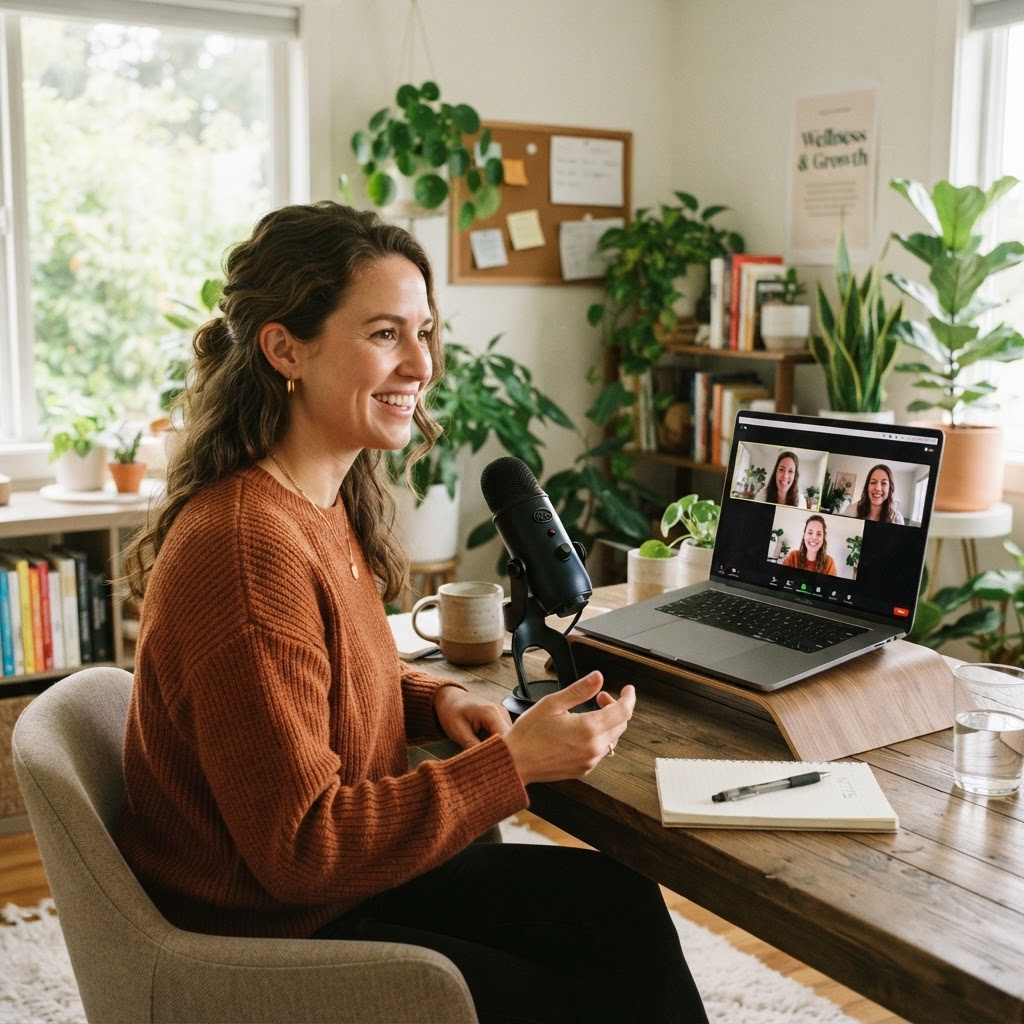 Person participating in an online wellness meditation session at home