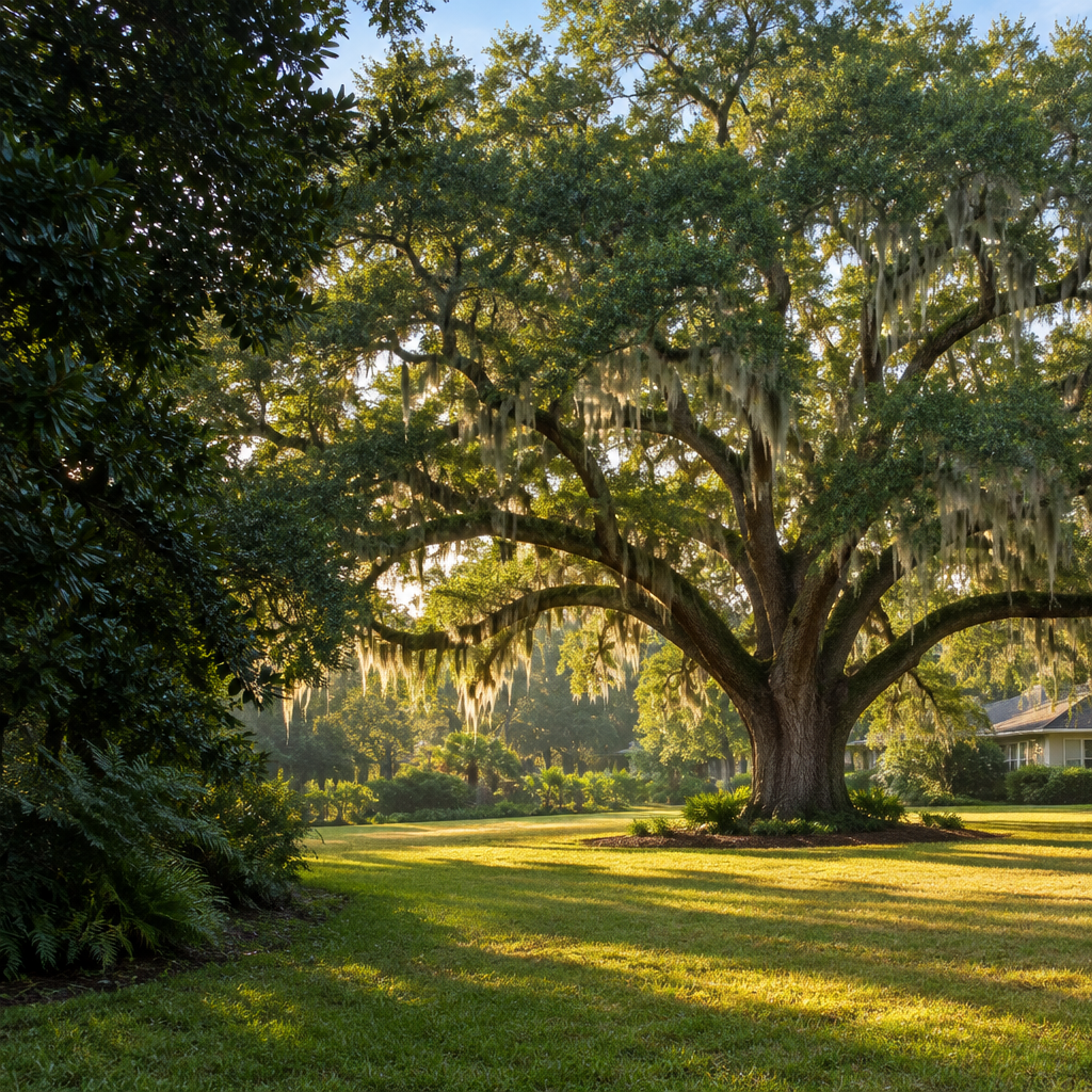 Illustrative mature Florida live oak with a wide, healthy canopy