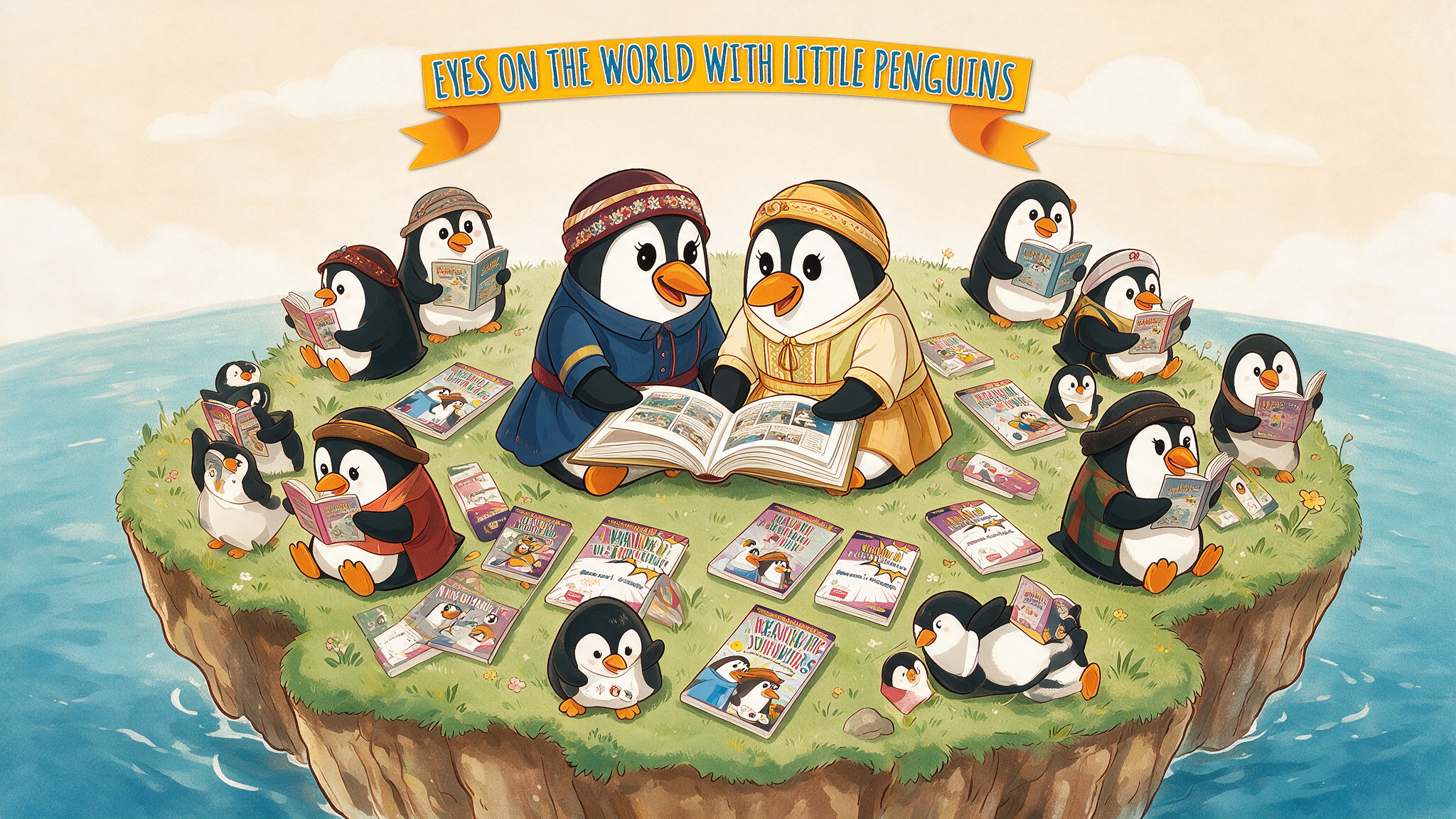 A group of penguins reading books together on a grassy island