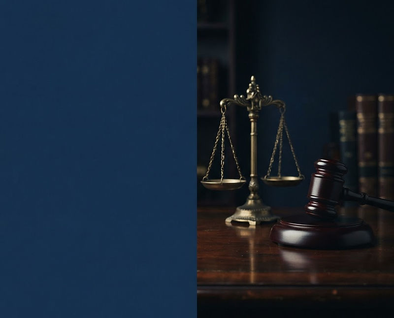 Scales of justice and gavel in navy tones