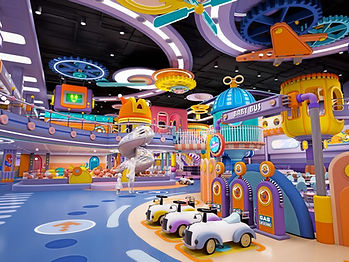 Artist's impression of The Play Museum main hall with colourful play zones and ride-on cars