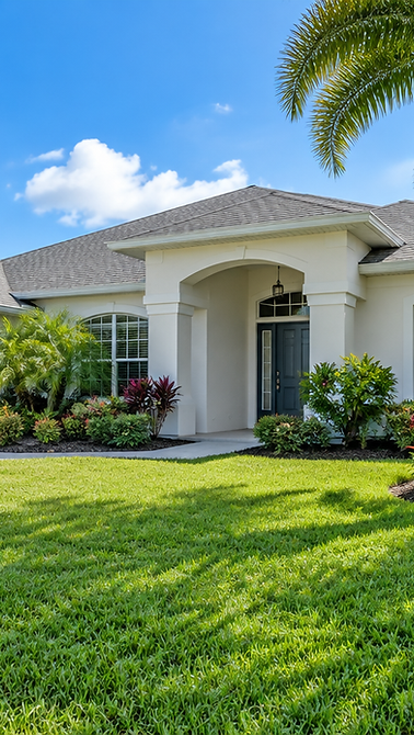 Soft washing DeLand, FL: illustrative clean stucco home with palms and a green lawn