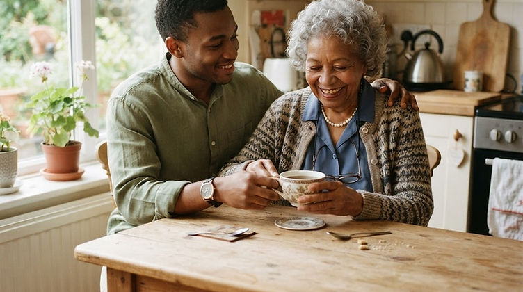 A caregiver helping an elderly man enjoy a cup of tea at home