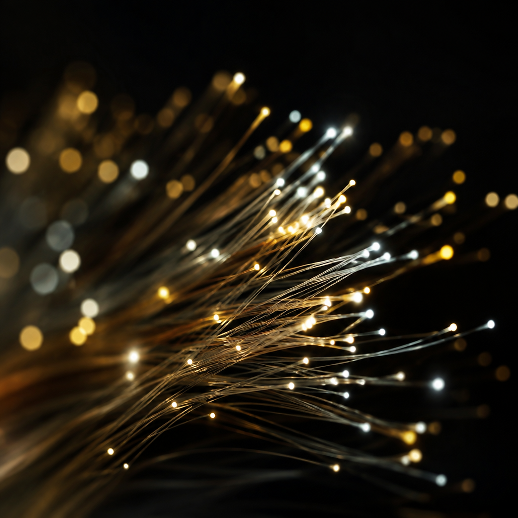 Fiber optic light strands glowing gold