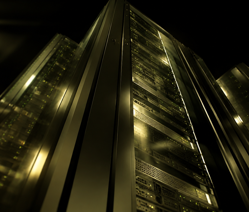 Abstract data center architecture lit in warm gold