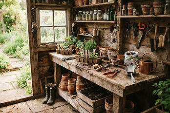 A handmade wooden potting bench in a garden shed with tools and seedlings