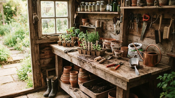 A handmade wooden potting bench in a garden shed with tools and seedlings