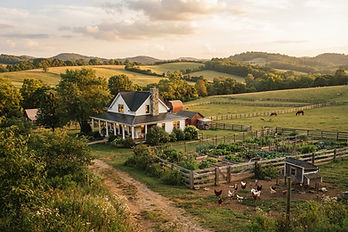 A small homestead with a white farmhouse, garden plots and pasture at golden hour