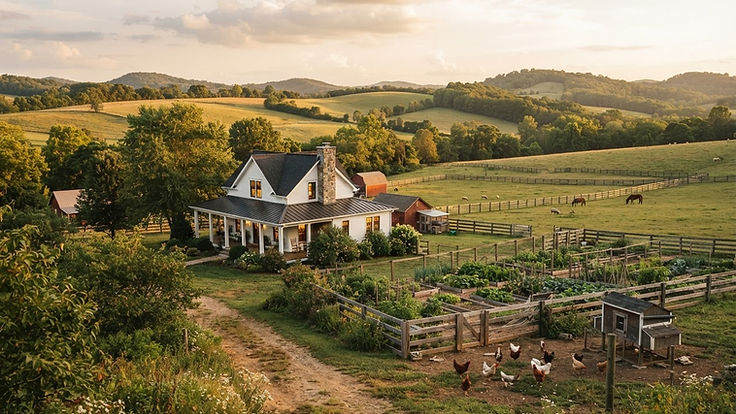 A small homestead with a white farmhouse, garden plots and pasture at golden hour
