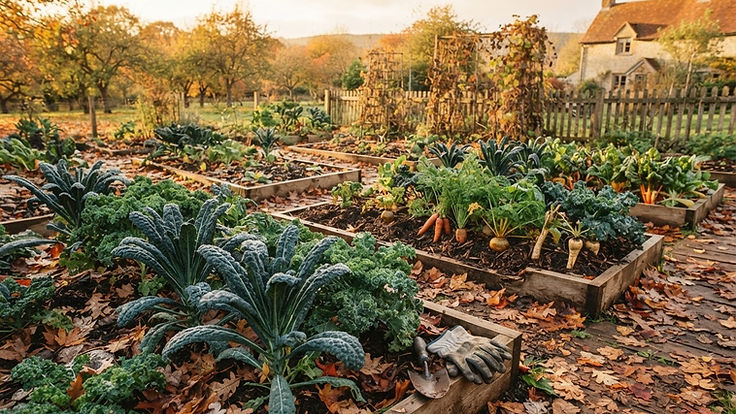 Autumn garden with fallen leaves, kale and root vegetables in golden light
