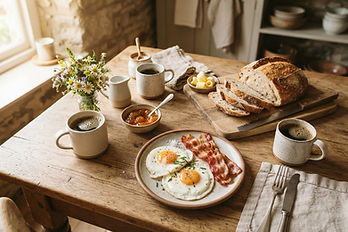 A rustic farmhouse breakfast spread with eggs, fresh bread and jam on a wooden table