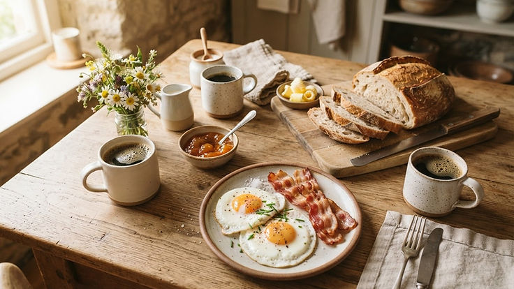 A rustic farmhouse breakfast spread with eggs, fresh bread and jam on a wooden table