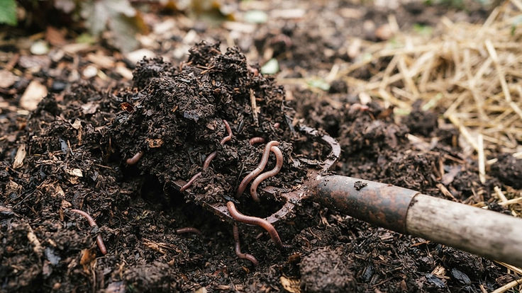 Rich dark compost soil with a garden fork and earthworms in natural light