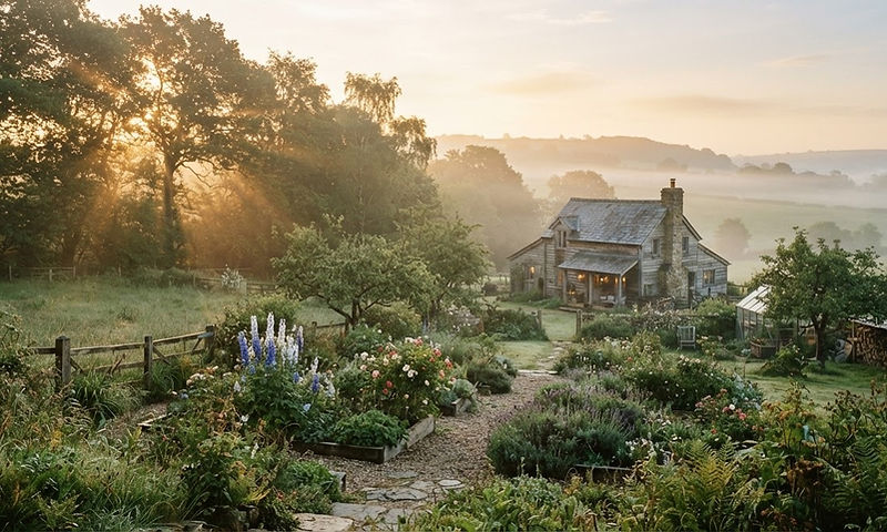 Mist-covered homestead garden at dawn