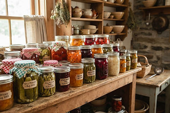 Glass canning jars filled with preserved vegetables and jam on a rustic pantry shelf