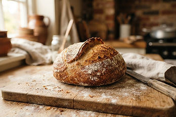 A freshly baked rustic sourdough loaf on a wooden board with flour