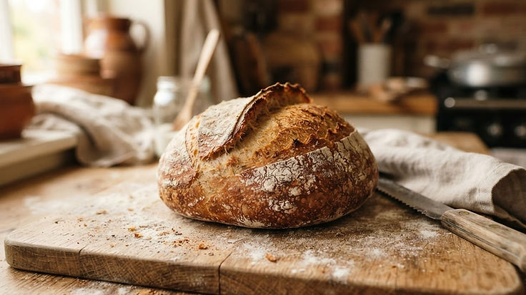 A freshly baked rustic sourdough loaf on a wooden board with flour