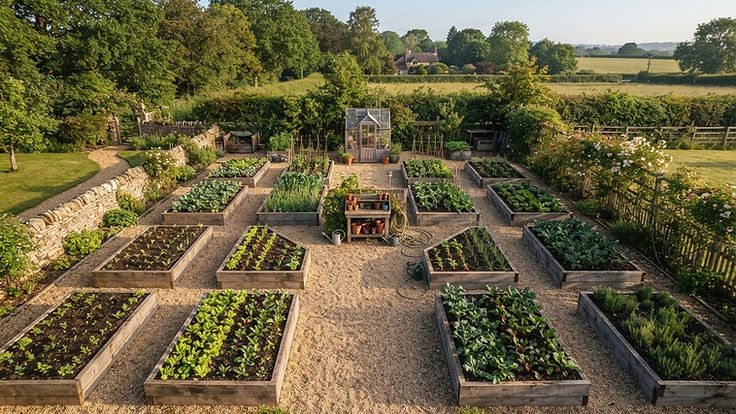 Overhead view of a planned vegetable garden with raised beds and rows of seedlings