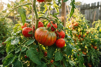 Ripe heirloom tomatoes on the vine in a backyard garden with dewdrops