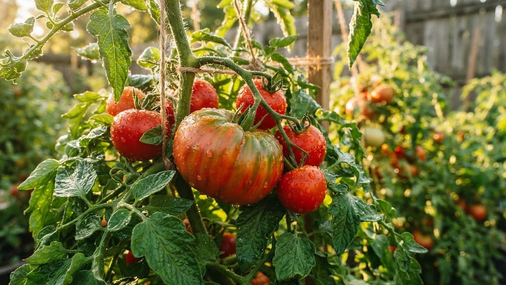 Ripe heirloom tomatoes on the vine in a backyard garden with dewdrops
