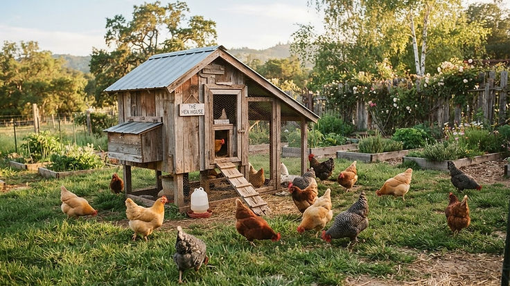 A flock of hens around a weathered wooden chicken coop in a sunny backyard