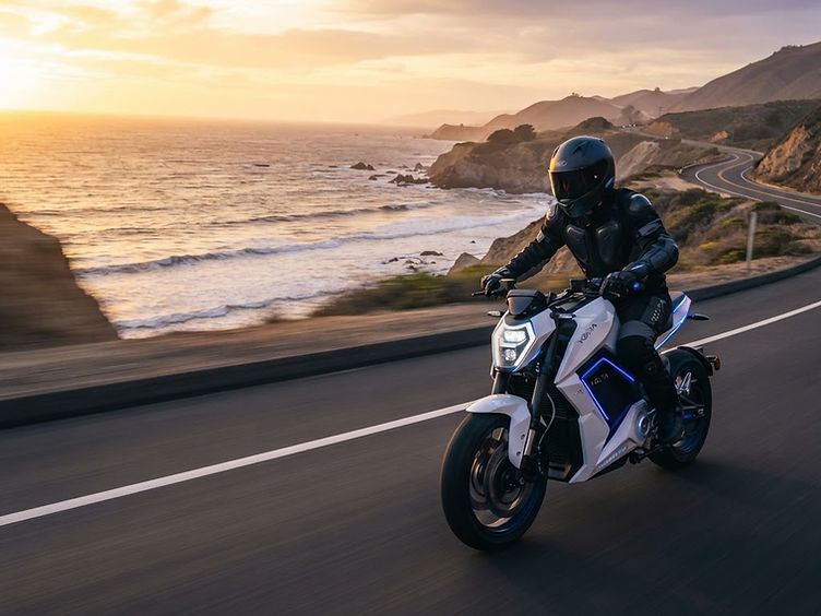 Rider on an electric motorbike on a coastal road at golden hour