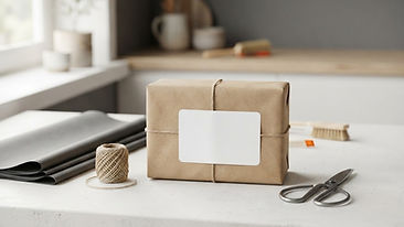 A cardboard box with wrapping paper and scissors on a packing table