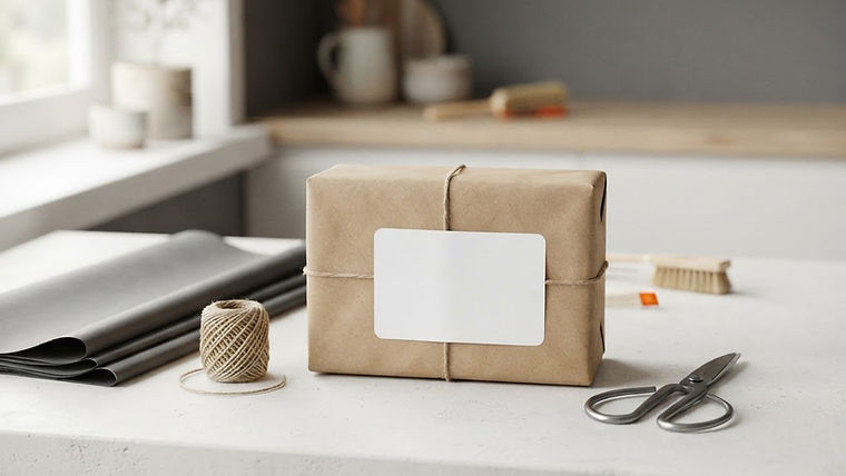 A cardboard box with wrapping paper and scissors on a packing table